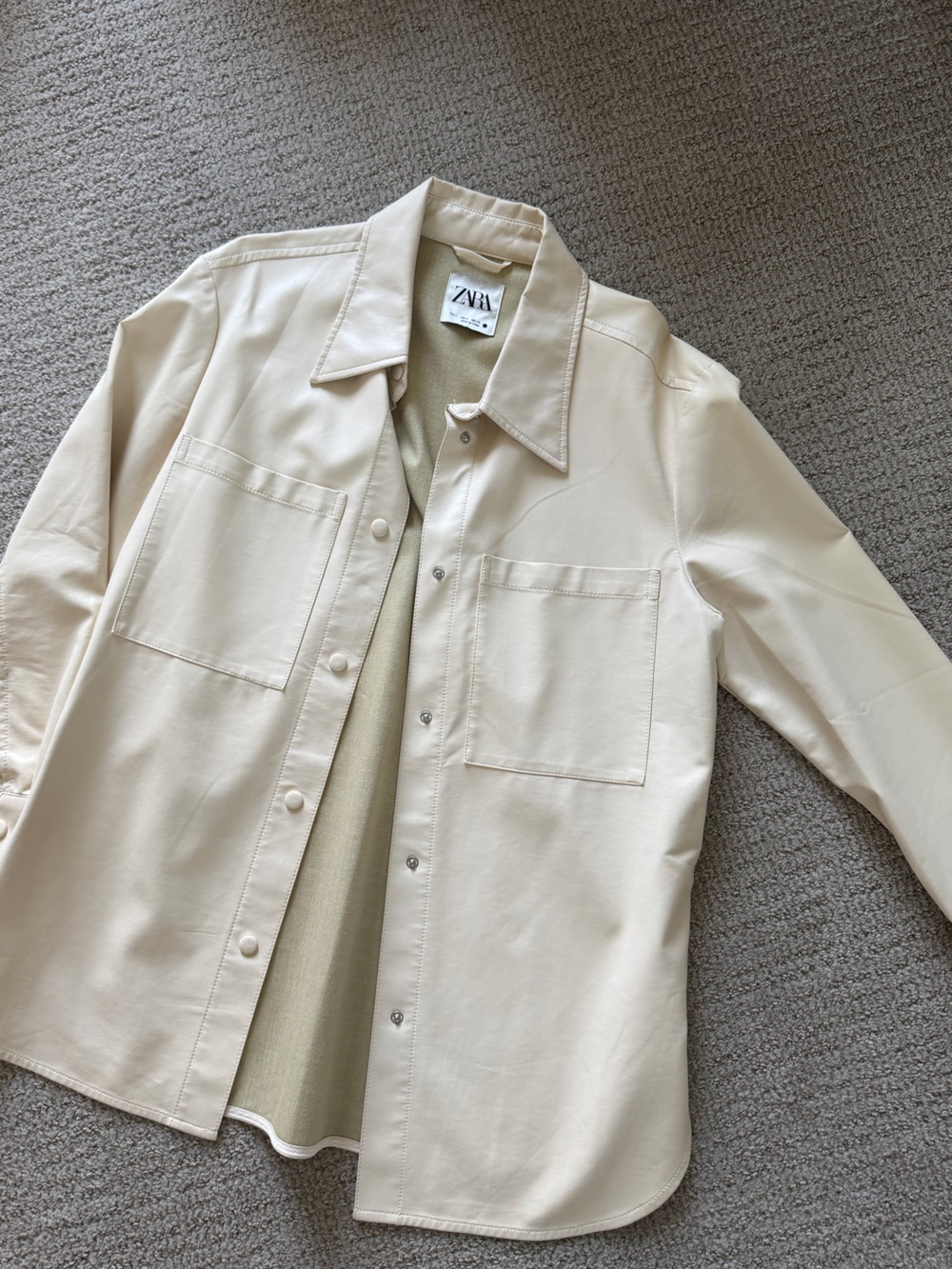 Zara Cream Faux-Leather Shirt Jacket
